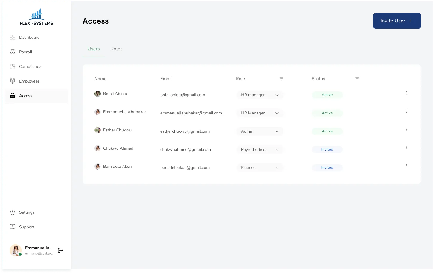 FlexiSystem access and roles screen