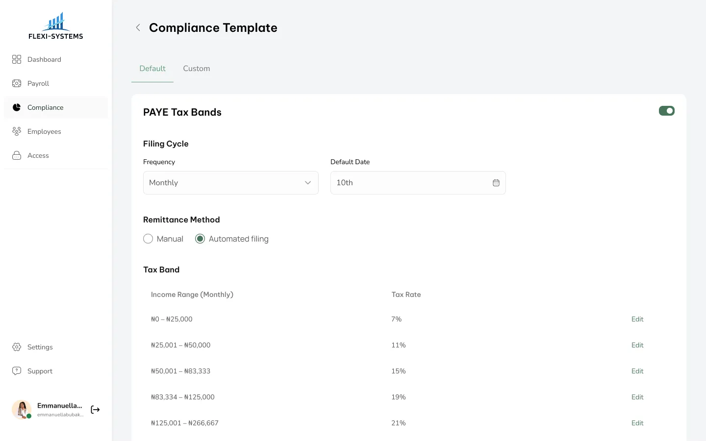 FlexiSystem compliance template screen