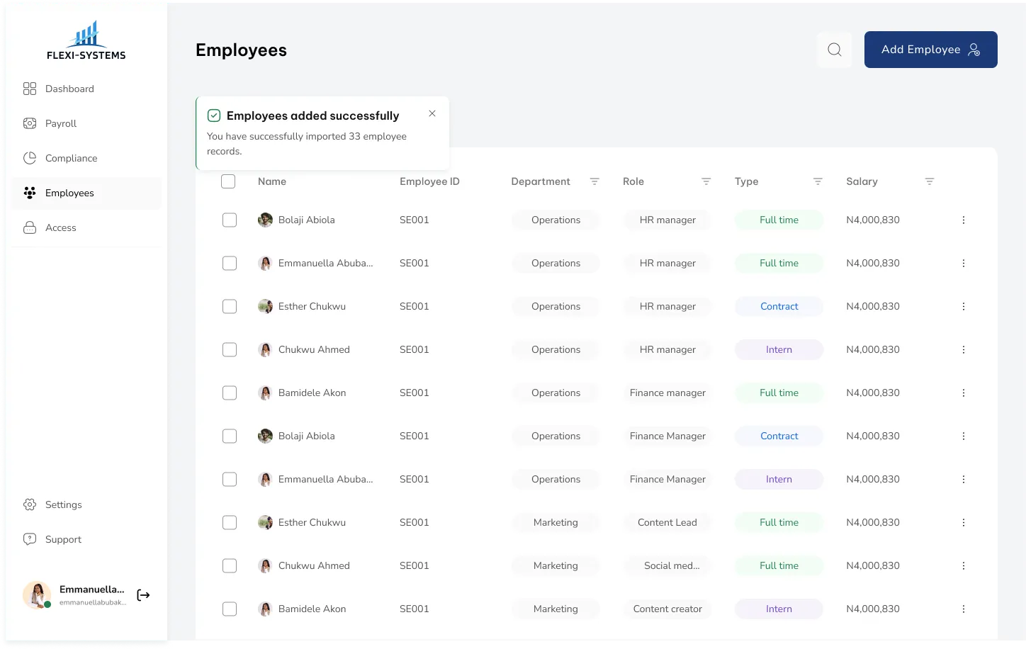 FlexiSystem employees screen