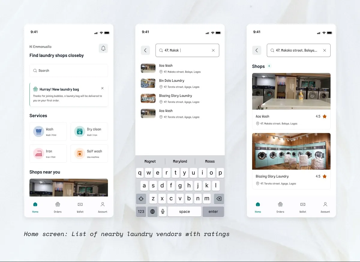 Bubbles app home screen, search, and shop list