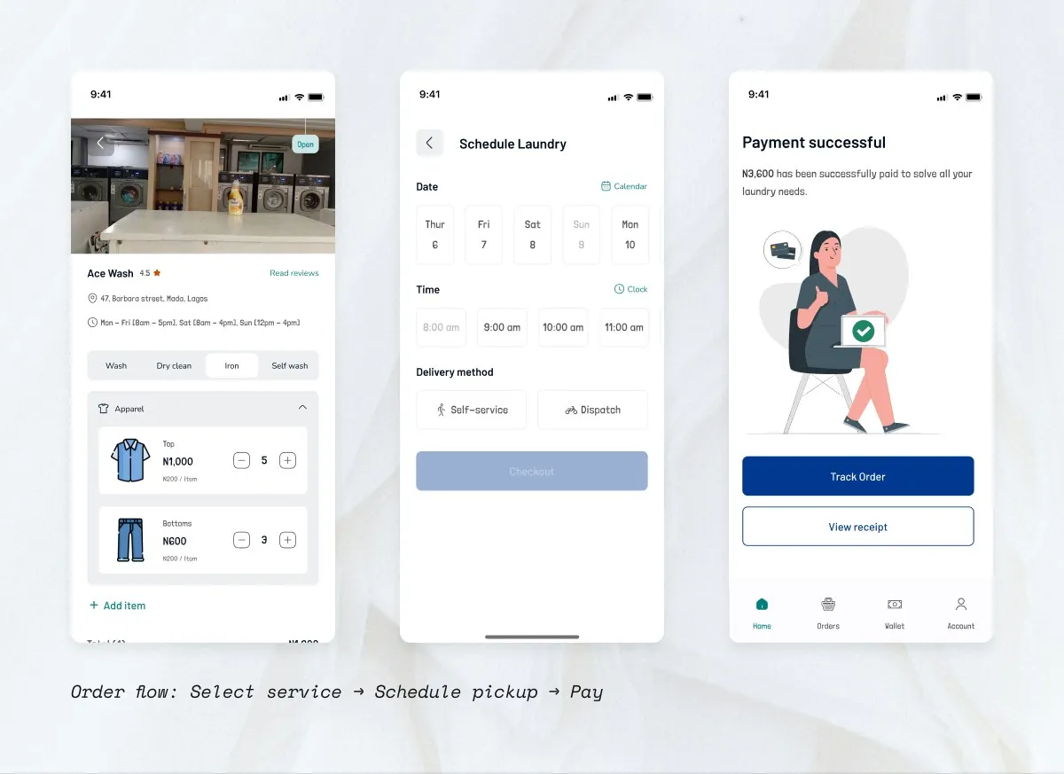 Bubbles order flow: vendor detail, schedule, payment