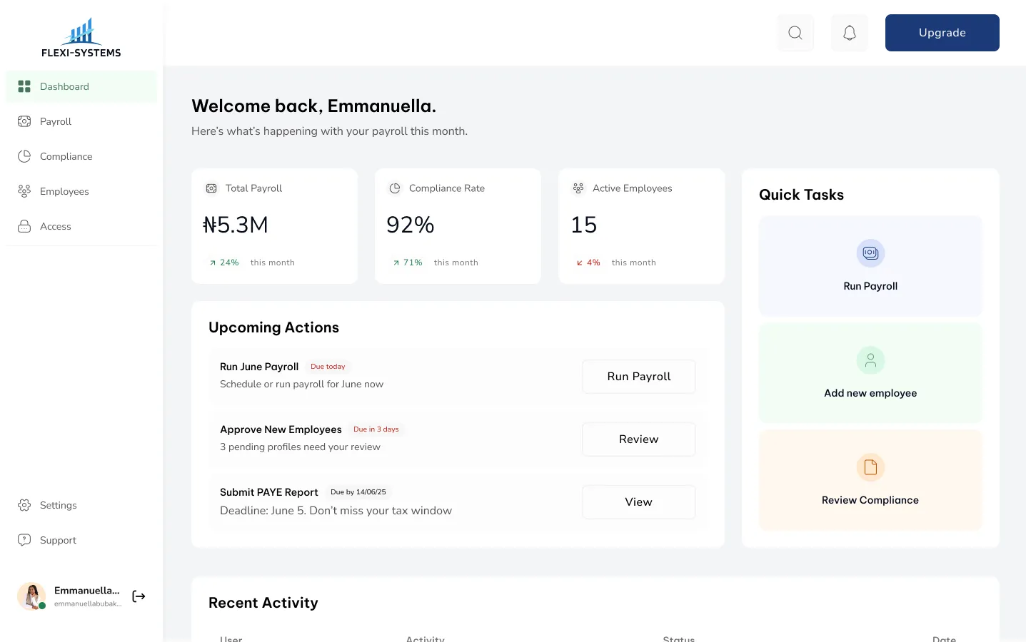 FlexiSystem payroll dashboard screenshot