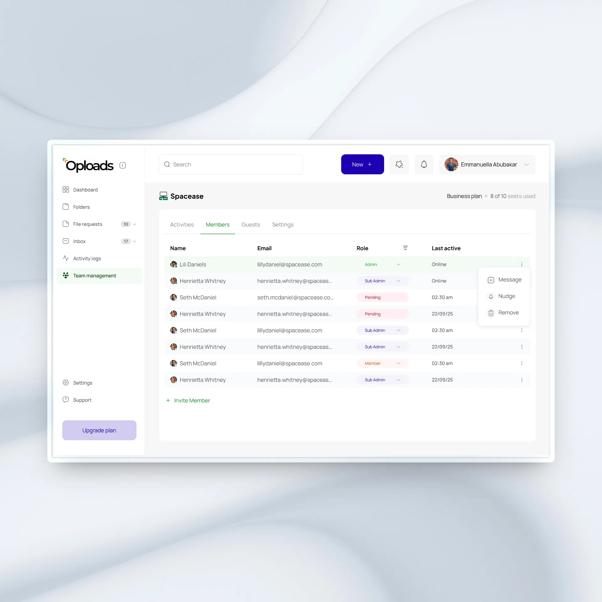 Oploads team management admin panel