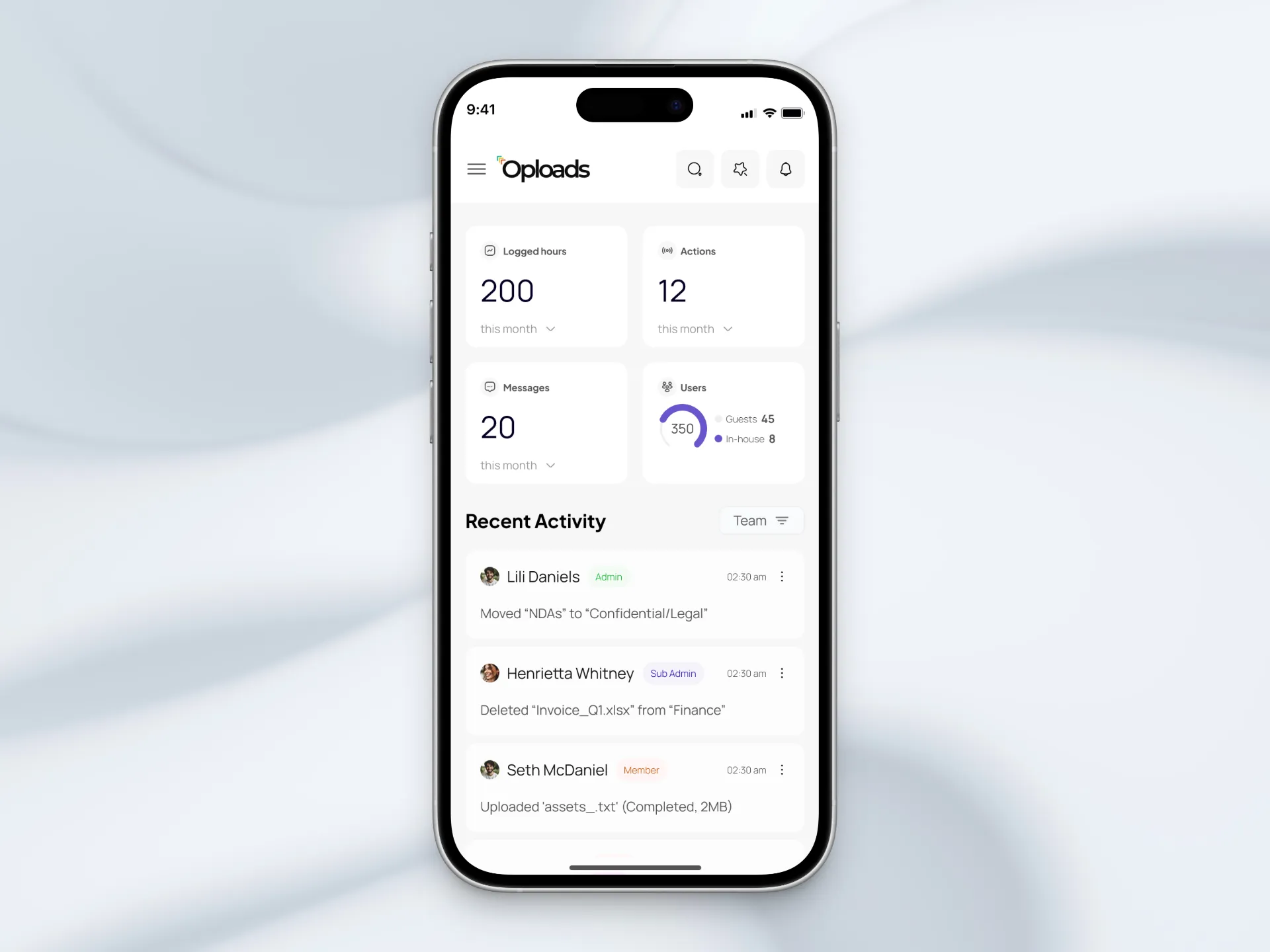 Oploads activity log, mobile view